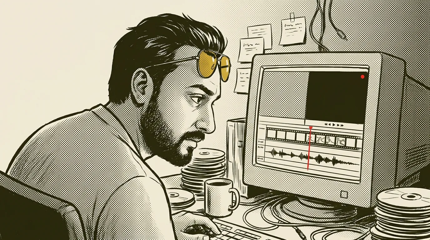 Illustration of a cramped edit bay in 2009. A young man with a beard and aviators pushed up on his forehead cuts a video on a tower PC.