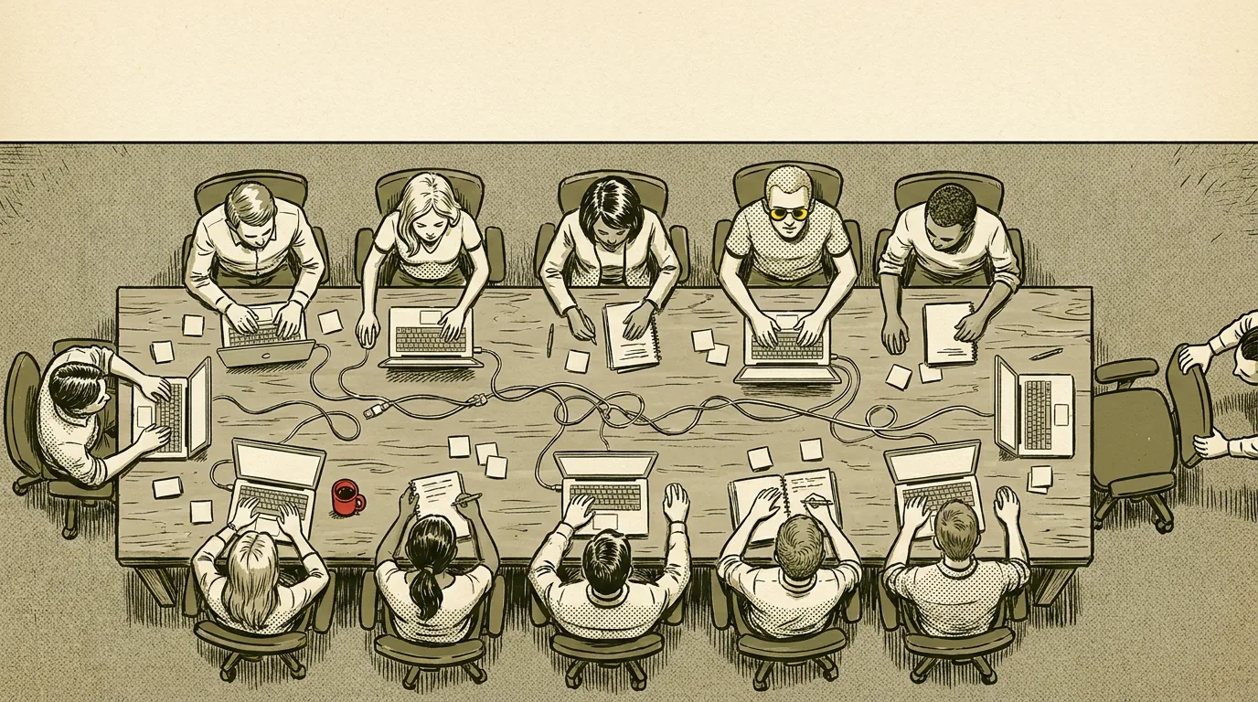 Seen from above, twelve people sit around a single table with laptops. One of them is wearing yellow aviators.