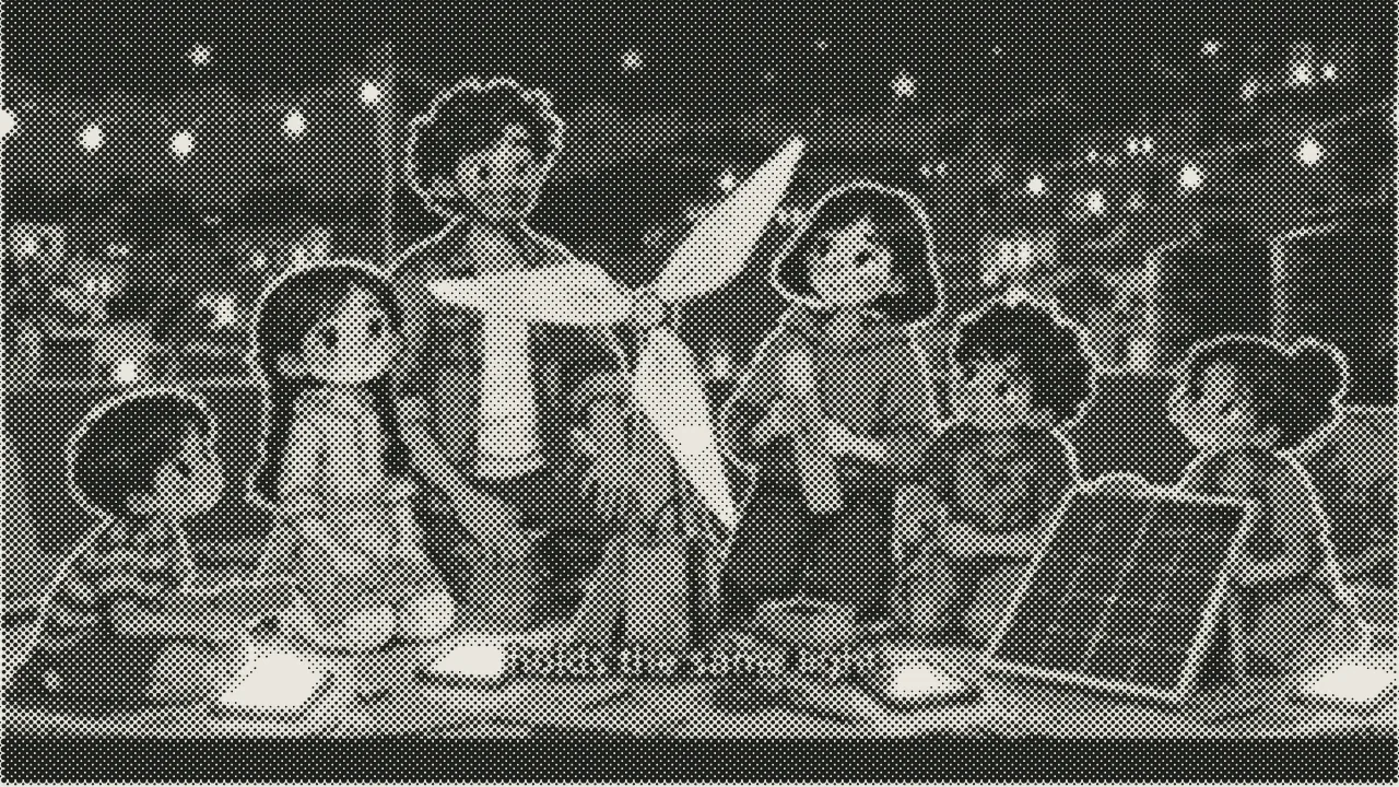 A halftoned still from a Saaya film. The AI face looks back at the reader.